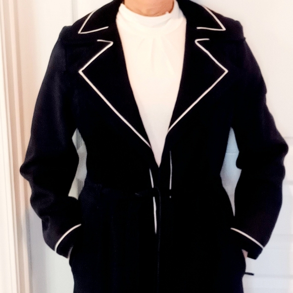 Luxurious Navy Blue Suede Coat With White Leather Piping Fits Sizes 8 10